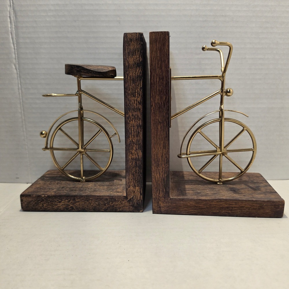 Vintage Style Gold Wire Bicycle Bookends Rustic Wood Base Industrial Decor Set